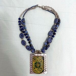 Stunning Silver Tone and Blue Necklace with Pendant Boho Indie Chic